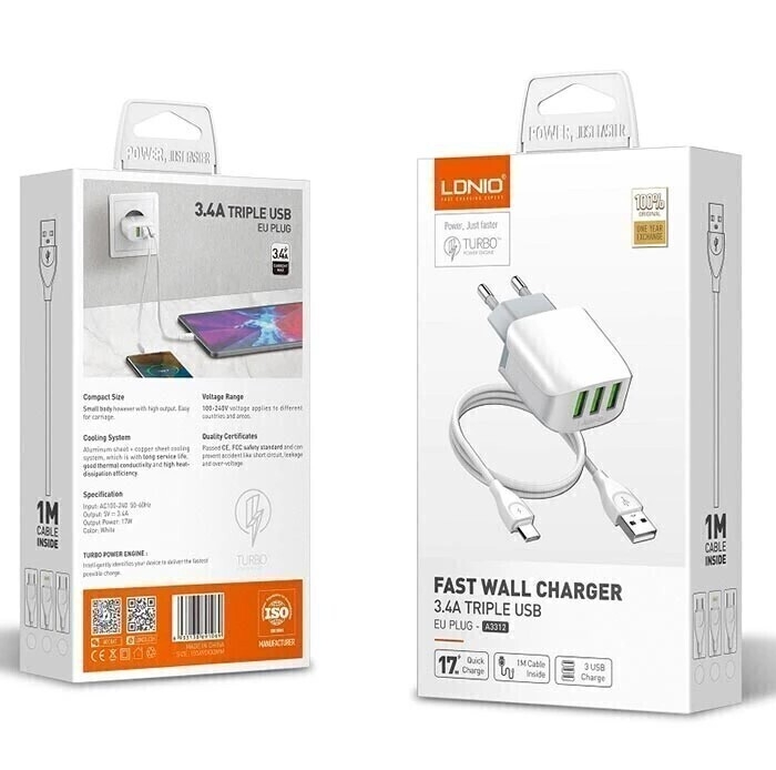  شارژر دیواری الدینیو مدل A3312 به همراه کابل تبدیل USB-C 