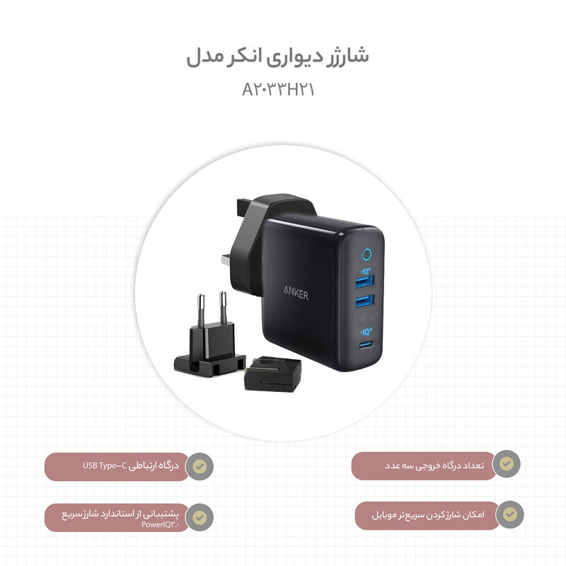  شارژر دیواری PD و فست سه پورت ANKER مدل POWERPORT III 